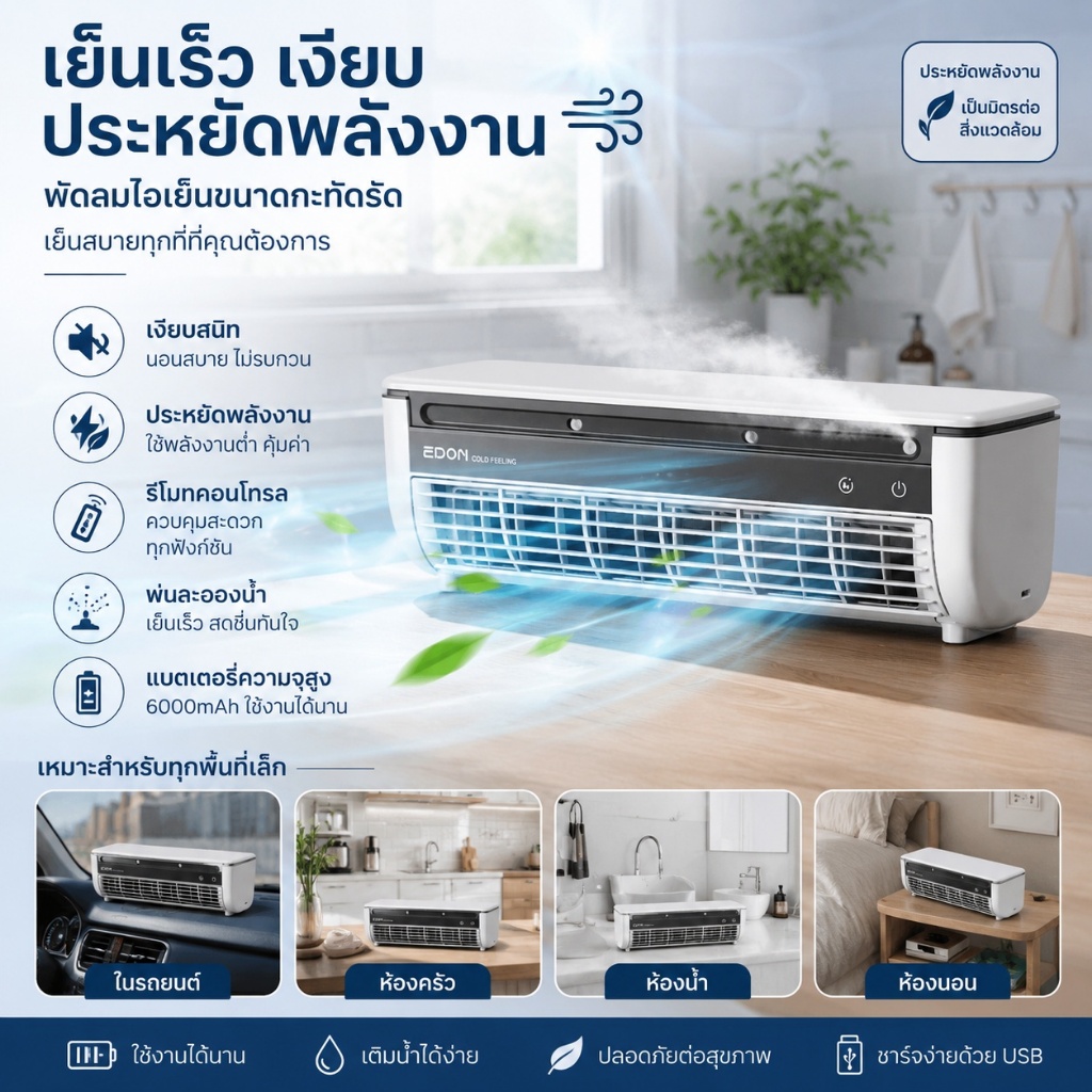 EDON ห้องครัวเครื่องปรับอากาศพัดลมทําความเย็นพัดลมติดผนังไร้สายพร้อมรีโมทคอนโทรล E868 Air Cooler Fan