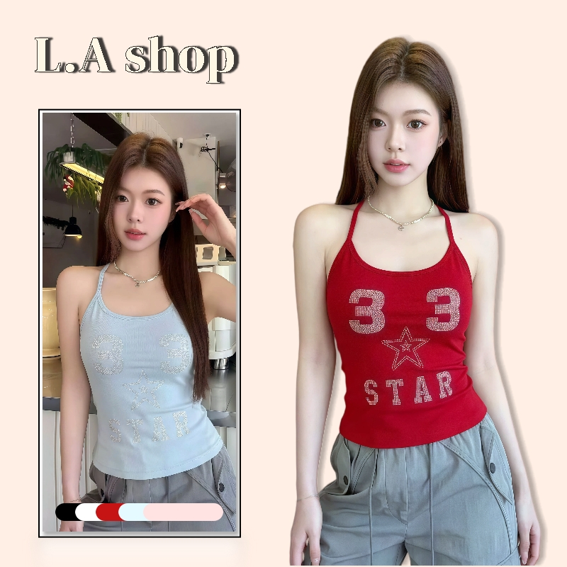 L.A Shop★พร้อมส่ง เสื้อสายเดี่ยว คล้องคอ ลายตัวอักษร ทรงรัดพอดี ผ้าบางระบายอากาศไม่ร้อน-FY661