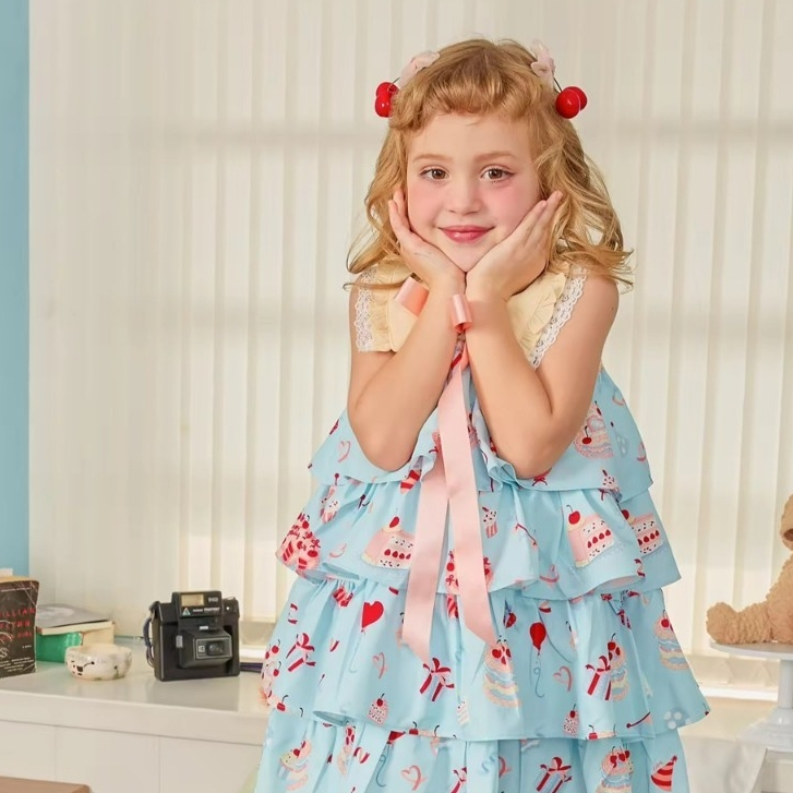 Liliana Happy Birth Day Girls' Dress, Model Sweet Layers Dress สีSky Blue เดรสเด็กผู้หญิง กระโปรงฟูเป็นเลเยอร์