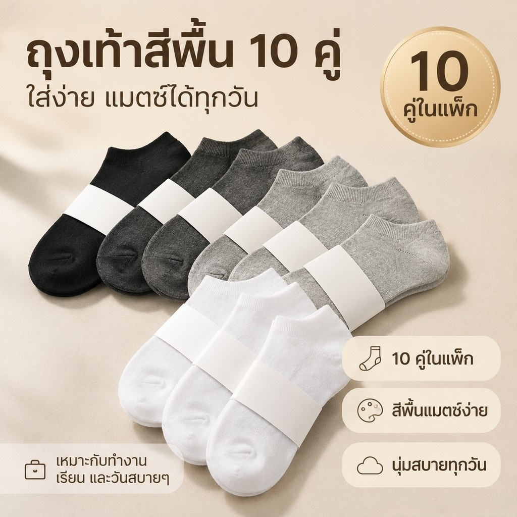 🧦แพ็ค10คู่ 🧦 ถุงเท้าสีพื้ ข้อสั้น ใส่ได้ทั้งหญิง-ชาย สไตล์คลาสสิก ราคาถูก พร้อมส่ง