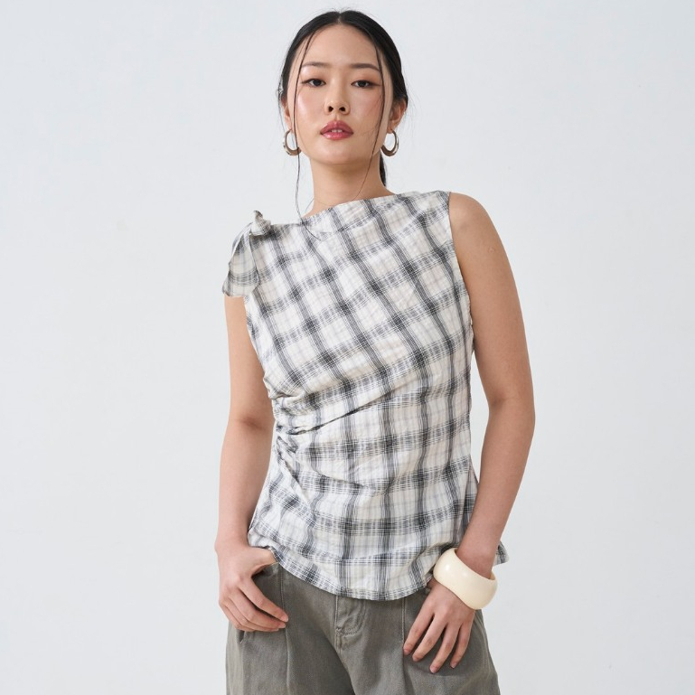 Check Bow Shoulder Top by MAMIL
