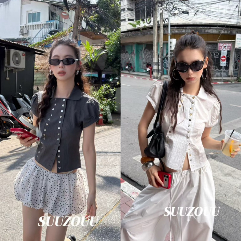 📍พร้อมส่ง📍#SU377🇰🇷เสื้อแต่งปก กระดุมคู่สุดชิค ใส่ง่ายแต่ดูมีอะไร ดีเทลกระดุมเรียงสองแถว Tag MMfish🇰🇷