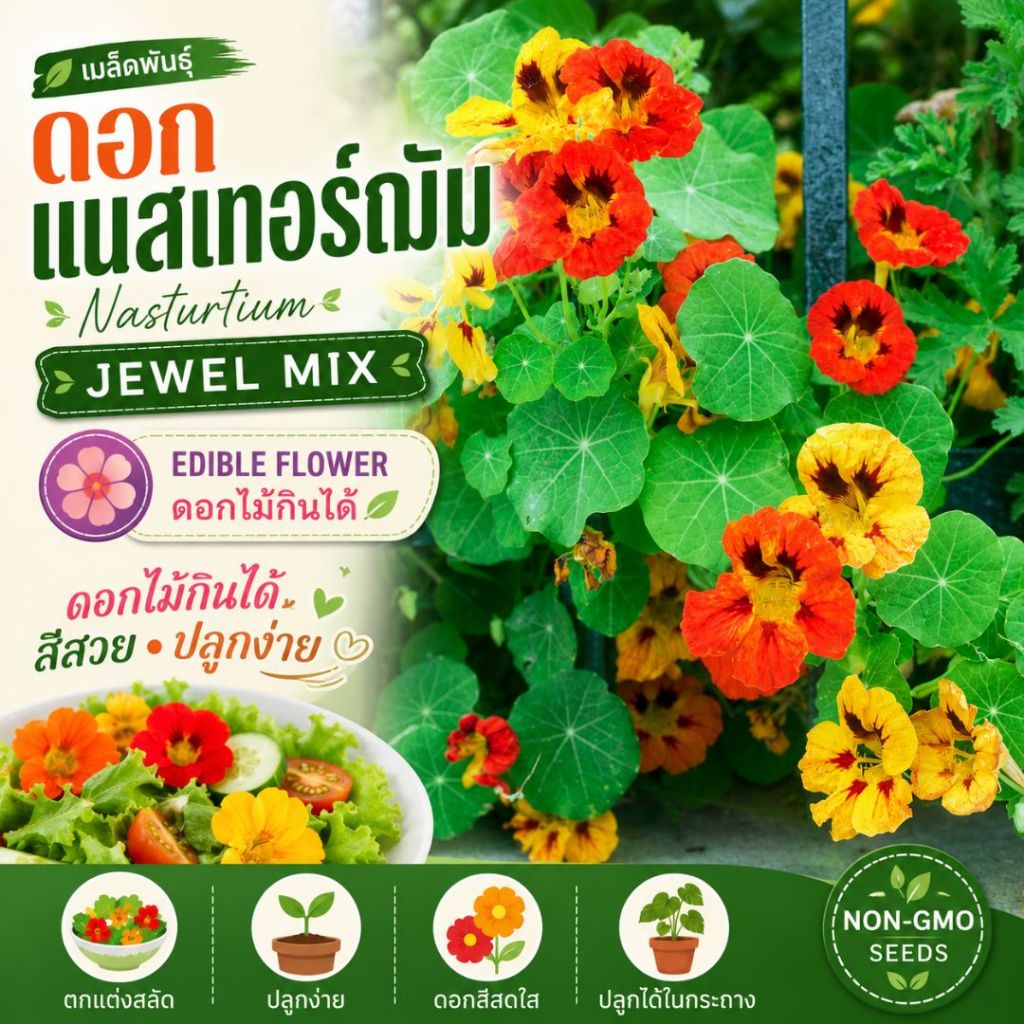 เมล็ดพันธุ์ดอกแนสเทอร์ฌัม Jewel Mix | ดอกไม้กินได้ Edible Flower | สีสันสดใส ปลูกง่าย สำหรับสลัดและตกแต่งอาหาร