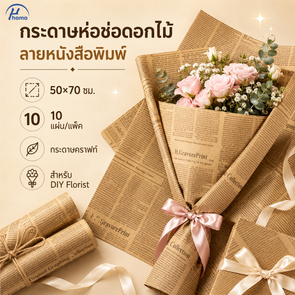 กระดาษห่อช่อดอกไม้ ลายหนังสือพิมพ์ 50×70 ซม. 10 แผ่น/แพ็ค กระดาษคราฟท์ สำหรับจัดช่อดอกไม้ DIY