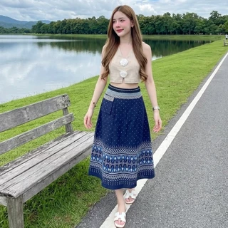 HOMJAI - กระโปรงผ้าไทยทรงเอ ผ้าฝ้ายพิมพ์ลาย กระโปรงยาวทรงสวย ใส่สวยใส่สบายค่ะ (สม็อคหลังยางยืด)