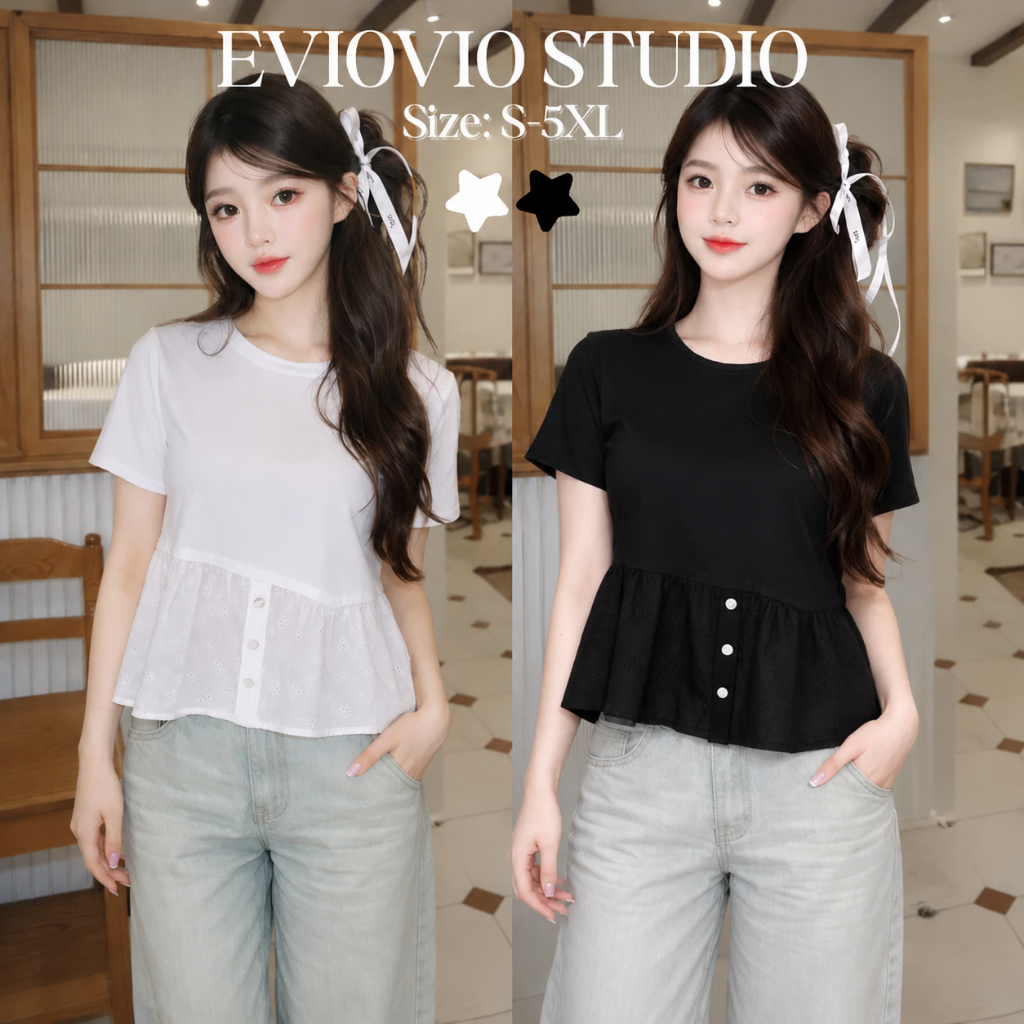 EVIOVIO【S-5XL】💫เสื้อยืดคอกลมดีไซน์ทูโทนที่ผสมผสานเสื้อยืดเข้ากับชายผ้าฉลุลายดอกไม้ ช่วยพรางหุ่น พร้อมส่งในไทย👜🎉