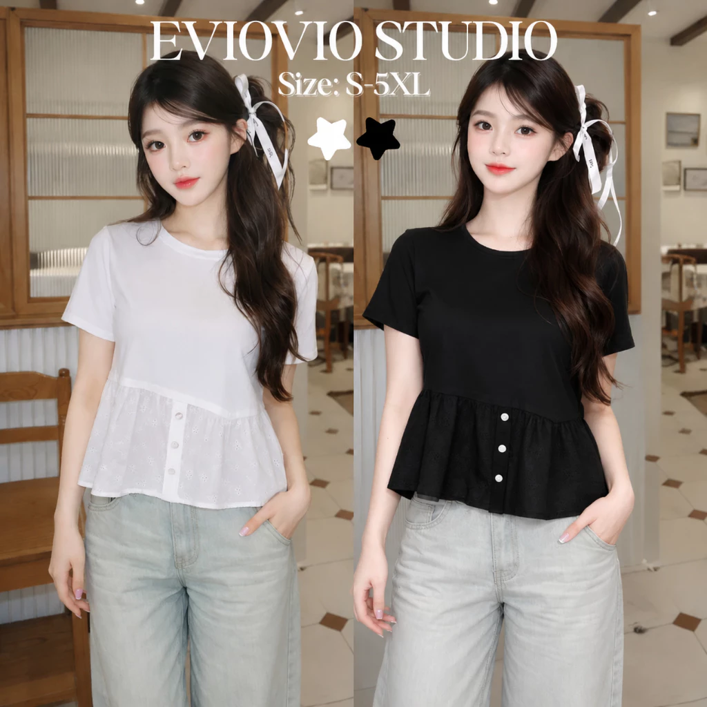 EVIOVIO【S-5XL】💫เสื้อยืดคอกลมดีไซน์ทูโทนที่ผสมผสานเสื้อยืดเข้ากับชายผ้าฉลุลายดอกไม้ ช่วยพรางหุ่น พร้อมส่งในไทย👜🎉