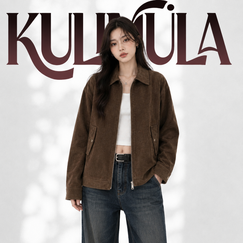KULIMULA แจ็กเก็ตหนัง เสื้อแจ็คเก็ตหนังกลับสีน้ำตาล ทรงหลวมวินเทจ เหมาะใส่ไปเที่ยวหรือทำงาน YD61