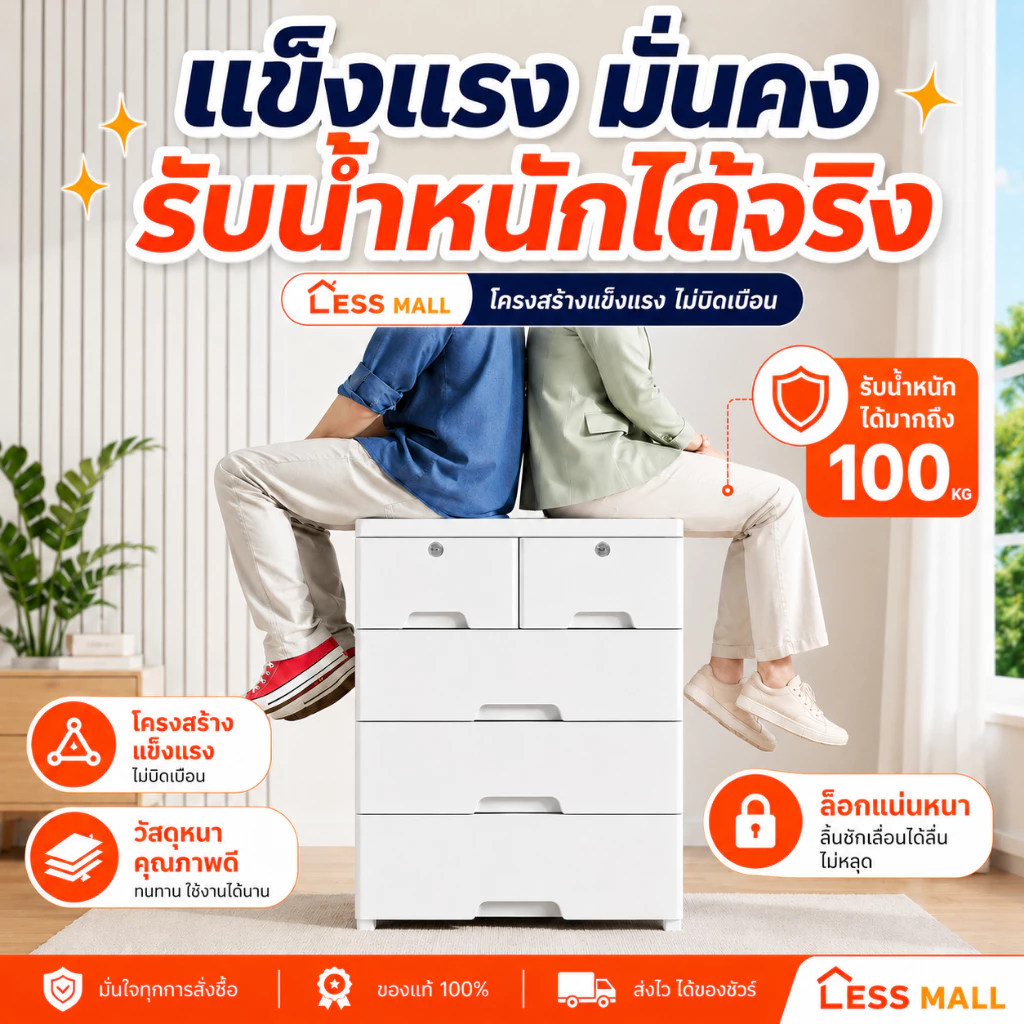 LESS ตู้ข้างเตียง ลิ้นชักใส่เสื้อผ้า ลิ้นชักเก็บของ 60cm ความจุแบริ่ง 500KG ปลอดสารพิษ ไม่มีกลิ่น กันฝุ่นและ มีล้อ thumbnail 6