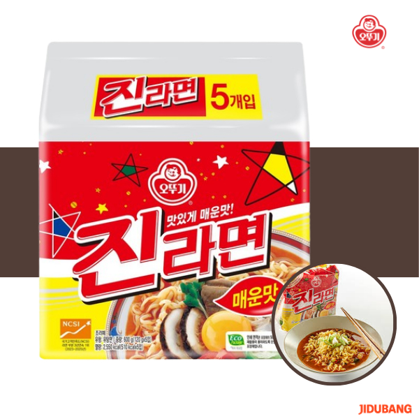 เซ็ตคู่ 1 + 1แพ็ค โอโตกิ จินรามยอน 1 แพ็ค5ห่อ OTTOGI JIN RAMEN Hot Spicy จินราเม็งสไปซี่  진라면