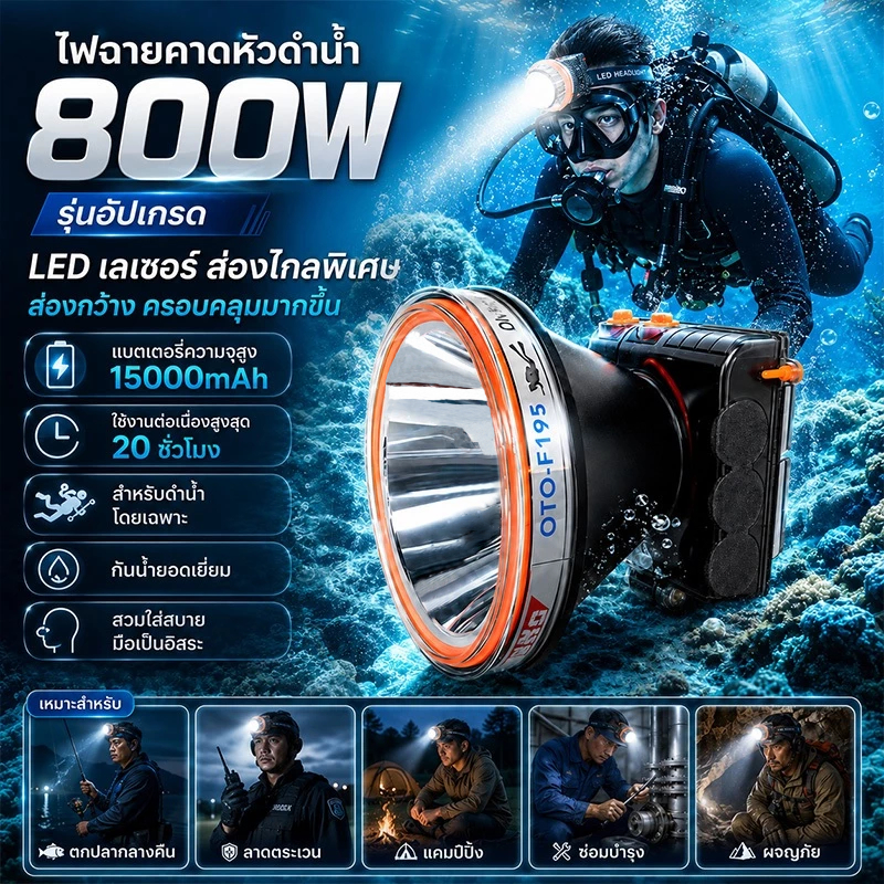 ไฟคาดหัวดำน้ำ LED 800W สว่างสูง แบตเตอรี่อึดใช้งานนาน กันน้ำลึก มีสายคาดปรับได้ แถมฟรีแว่นดำน้ำ