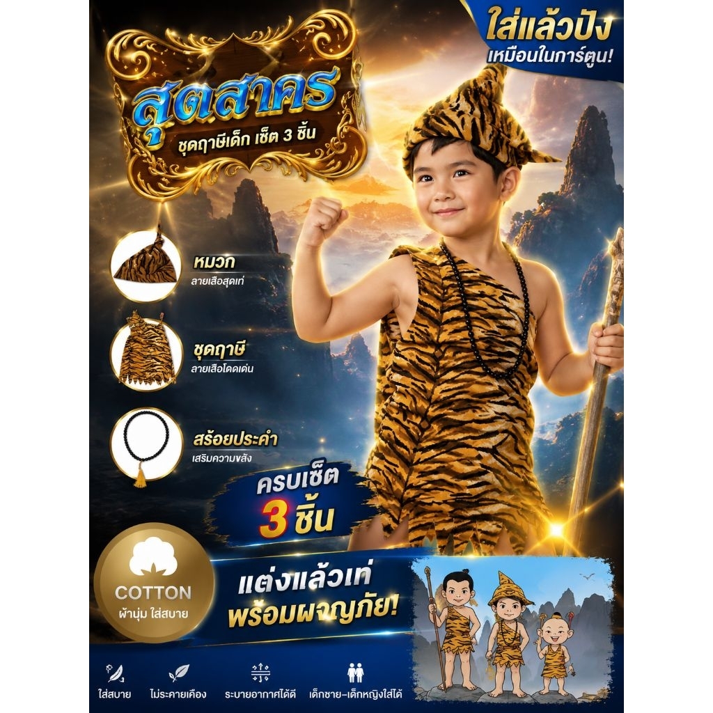 ชุดฤาษีเด็ก  เซ็ต3ชิ้น ชุดวันสุนทรภู่ สุดสาคร💚พร้อมส่ง(ME)