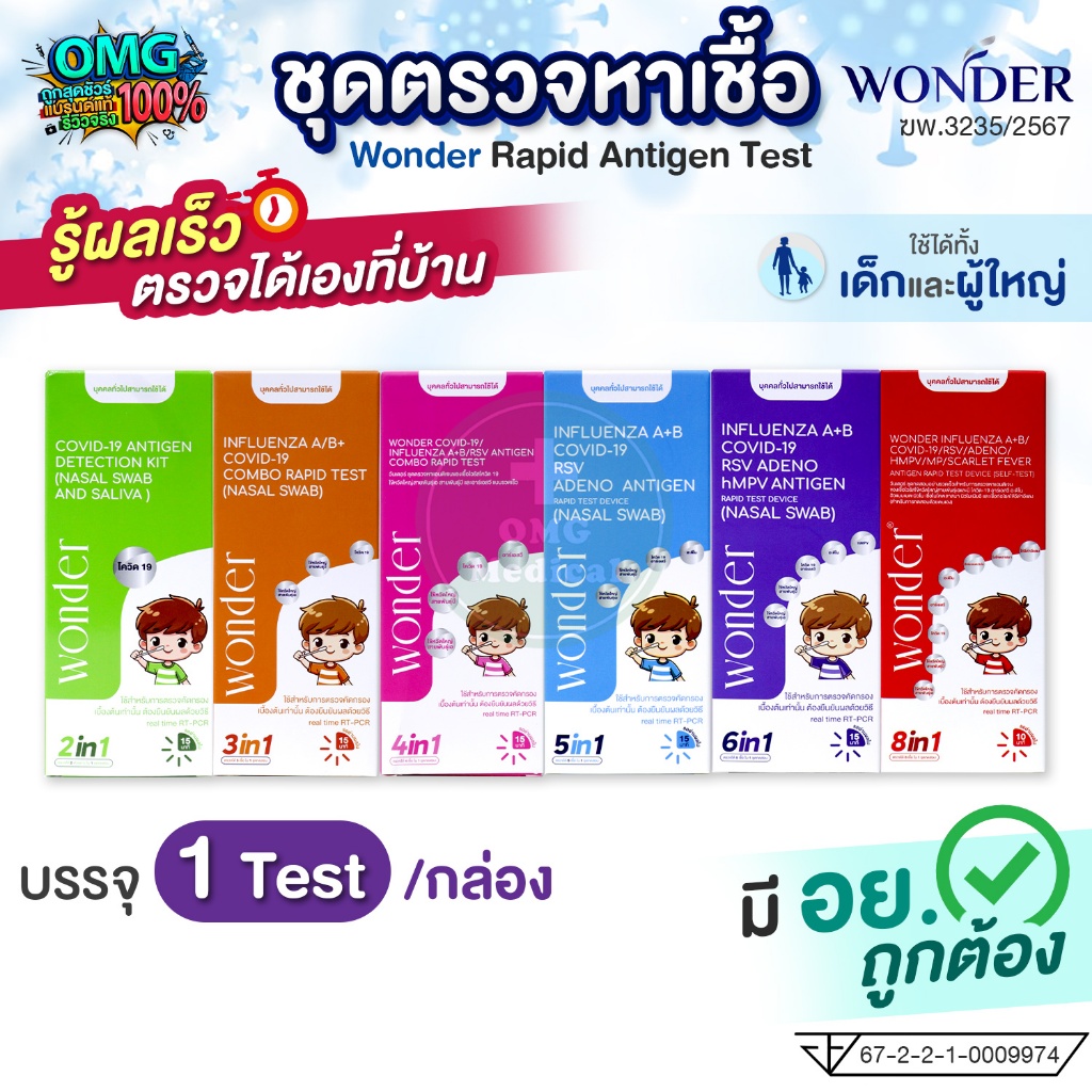 Wonder ชุดตรวจหาเชื้อ ATK ชุดตรวจโควิด ชุดตรวจไข้หวัดใหญ่ FLU A/B, RSV, Covid-19, อดิโน, hMPV ตรวจได้ทั้งเด็กและผู้ใหญ่
