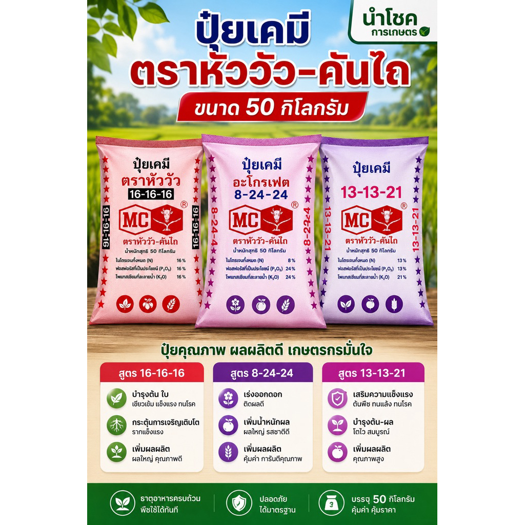 [ ขนาด 50กิโลกรัม] ปุ๋ย 16-16-16  8-24-24  13-13-21 ตราหัววัว-คันไถ บำรุงต้น ใบ ดอก ผล