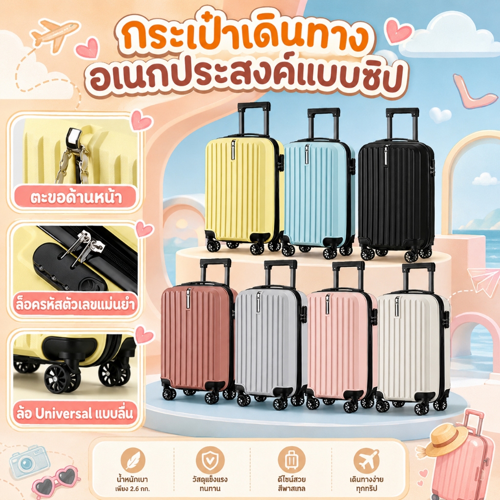 กระเป๋าเดินทางล้อลาก แบบมีตะขอ 20 นิ้วล้อคู่หมุน ABS+PC 100%  แบบมีตะขอTSA โครงสร้างซิปเฟรม แข็งแรงทนทาน รับประกัน5ปี