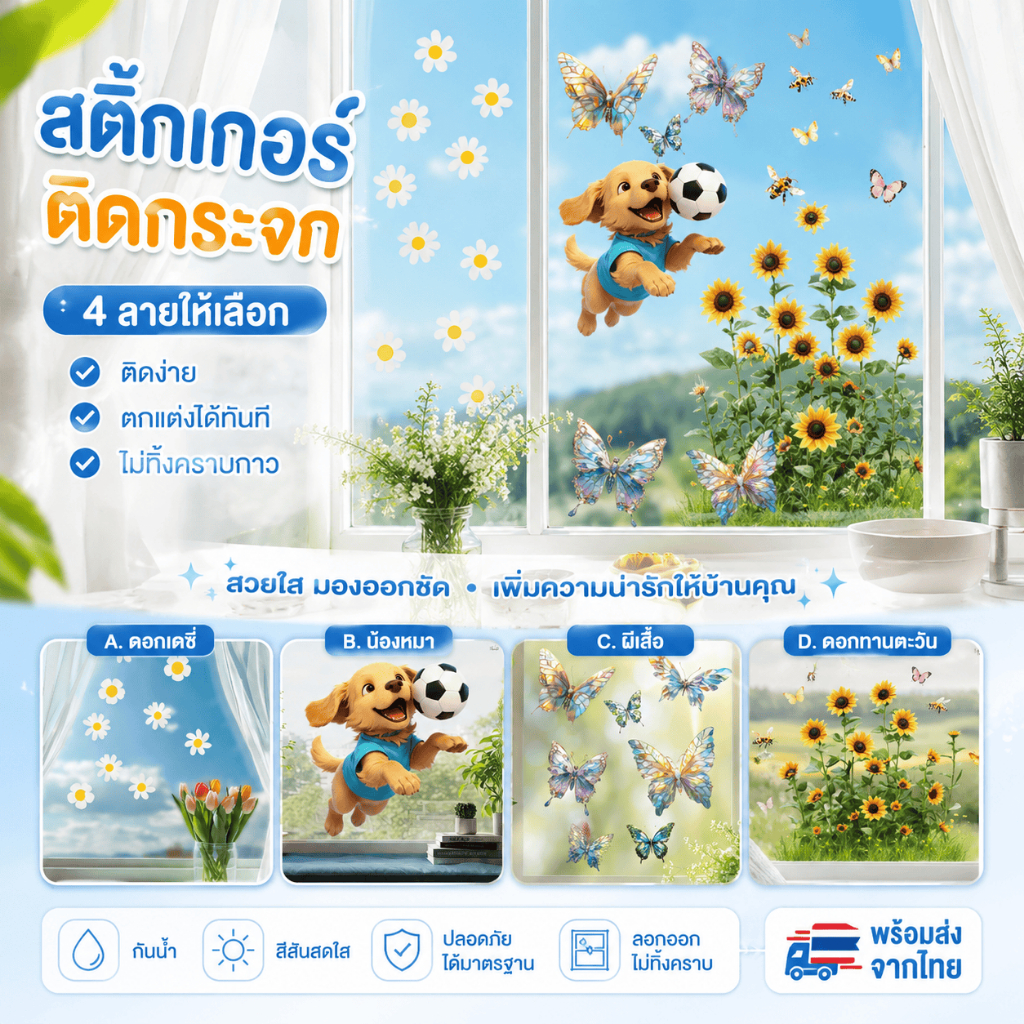 [จัดส่งในไทย] สติ๊กเกอร์กระจกลายดอกเดซี่เล็กและทานตะวัน ไม่มีกาว ถอดออกได้ ตกแต่งหน้าต่าง