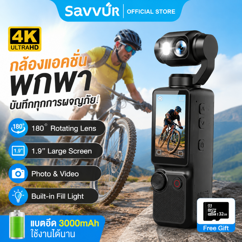 Savvur Action Camera 4K Ultra HD กล้องแอคชั่นระดับโปร กันสั่นขั้นสูง พร้อมเมม 32GB สำหรับ Vlog และงานวิดีโอคุณภาพสูง