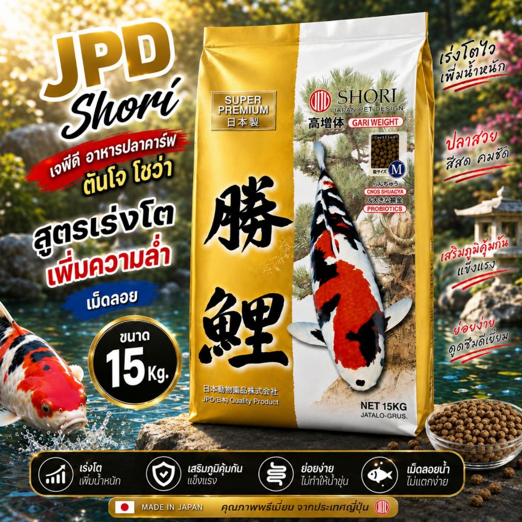 Shori เม็ดลอย 15 Kg อาหารปลาคาร์ฟนำเข้าญี่ปุ่น JPD เร่งโต โปรตีน 45%