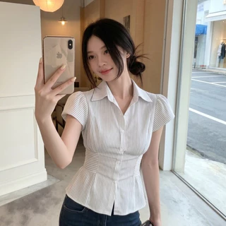 เสื้อเชิ้ตแขนสั้น แขนพอง สายรัดทรงรัดเอว ลายทางบาง สไตล์เกาหลี ใส่ได้ทุกชุด