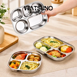 Watsuno.จานอาหารสแตนเลสแบบแบ่งช่อง สำหรับเด็กและนักเรียน ถาดหลุมใส่อาหาร ทนทาน กันสนิม ทำความสะอาดง่าย