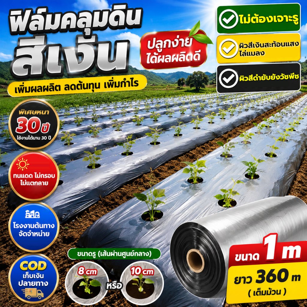 ราคาจากโรงงาน 🔥COD🔥 พลาสติกคลุมดินสีเงินดำ มีรูเจาะ 0.8ม.x400หลา(360ม) พลาสติกคลุมแปลง ผ้ายางคลุมดิน ผ้ายางกันวัชพืช