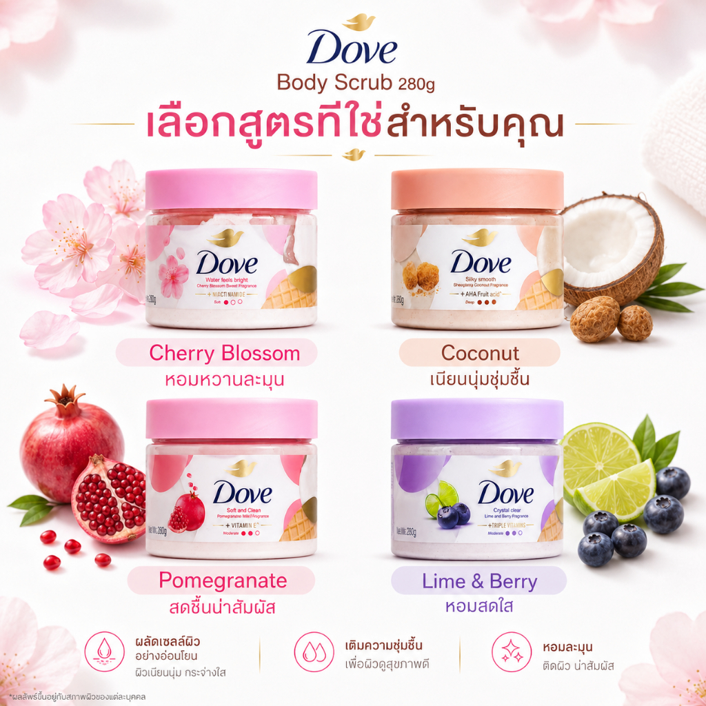 โดฟ Body Scrub 280g สครับผิวกาย เนื้อครีม ขัดเซลล์ผิวเก่า ผิวนุ่มชุ่มชื้น หอมละมุน มี 4 กลิ่นให้เลือก