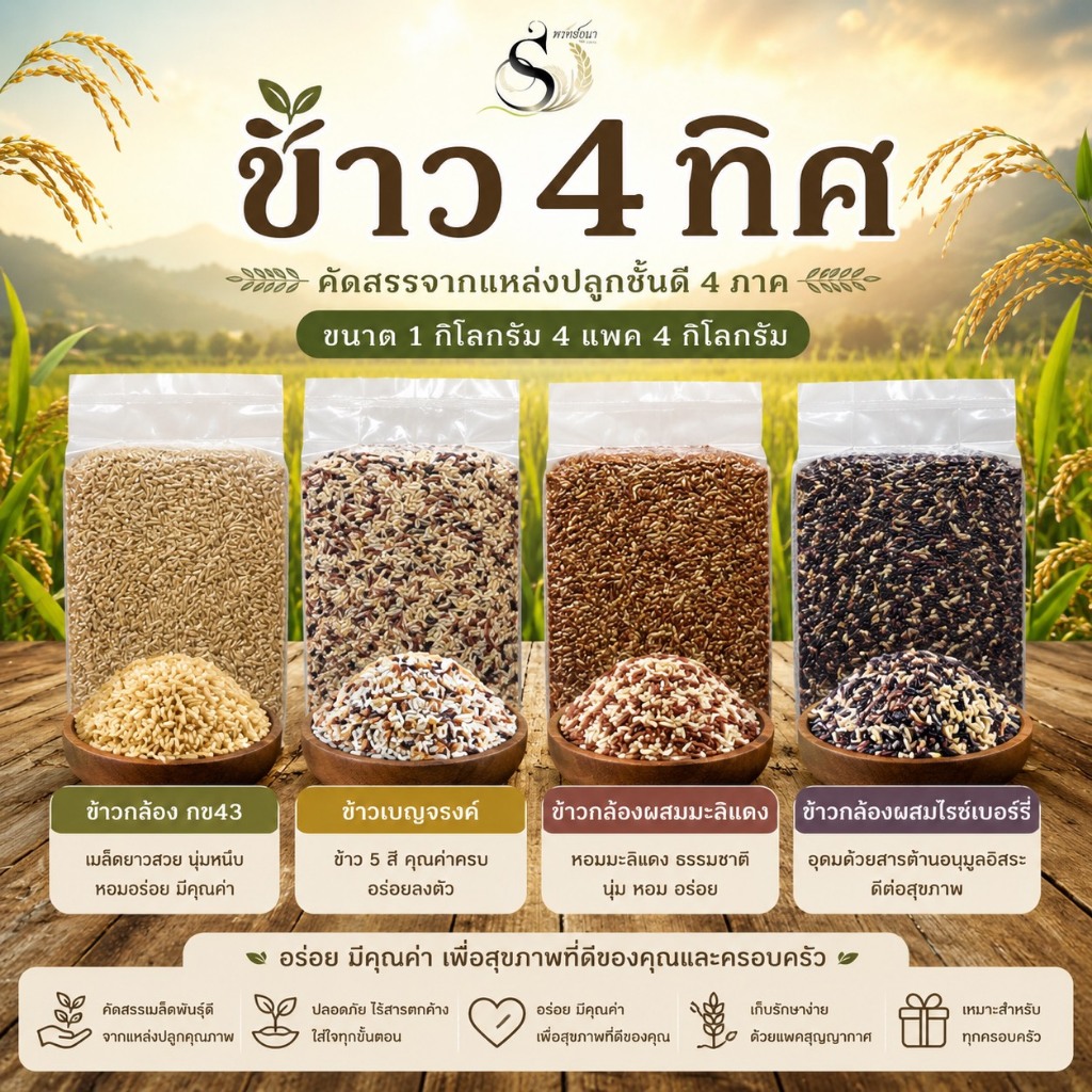 โปรข้าว4ทิศ ยกเซตรับไปเลย4รายการ สุดคุ้ม แพคสุญญากาศ4กิโลกรัม ตราทรัพย์ธนา