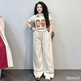 SGH0283 ชุดเซ็ต 2 ชิ้น เสื้อคอปกลายคู่รัก กางเกงขากว้าง ผ้านุ่ม ใส่สบาย