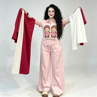 SGH0283 ชุดเซ็ต 2 ชิ้น เสื้อคอปกลายคู่รัก กางเกงขากว้าง ผ้านุ่ม ใส่สบาย