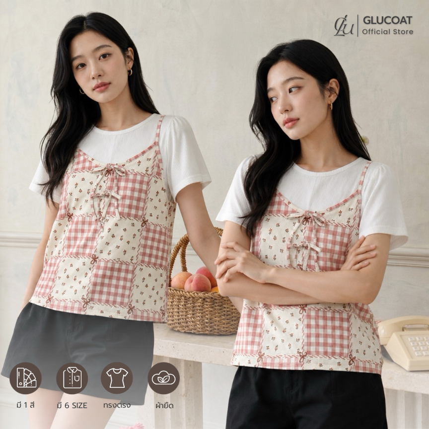 Glucoat | [A733] เสื้อยืดผ้าร่องแขนสั้นสีขาว แต่งสายเดี่ยวสก็อตสีชมพู พร้อมเชือกผูกโบว์