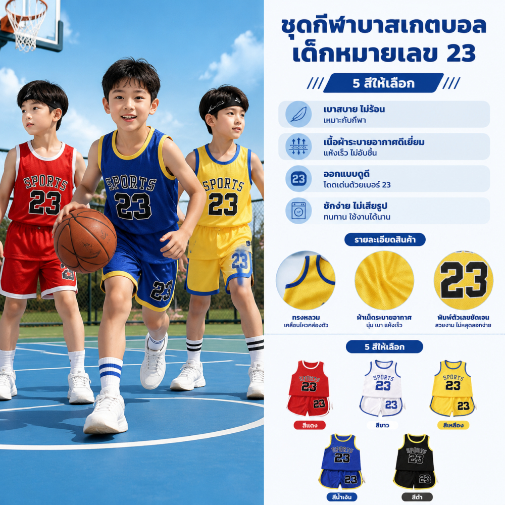 ชุดกีฬาบาสเก็ตบอลเด็กแขนกุด หมายเลข23 ผ้าตาข่ายระบายอากาศแห้งเร็ว 5สีให้เลือก สำหรับเด็กชาย 2-8ปี