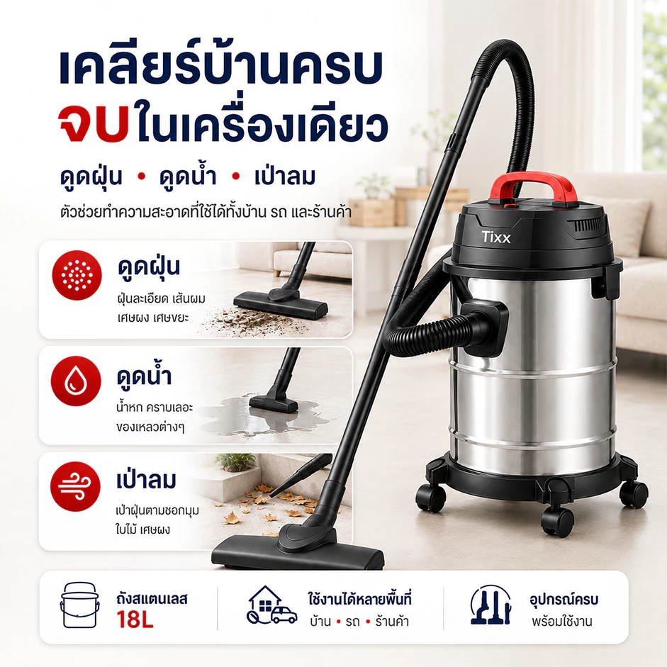 เครื่องดูดฝุ่นอุตสาหกรรม Tixx 2000W 18L ถังสแตนเลส thumbnail 3