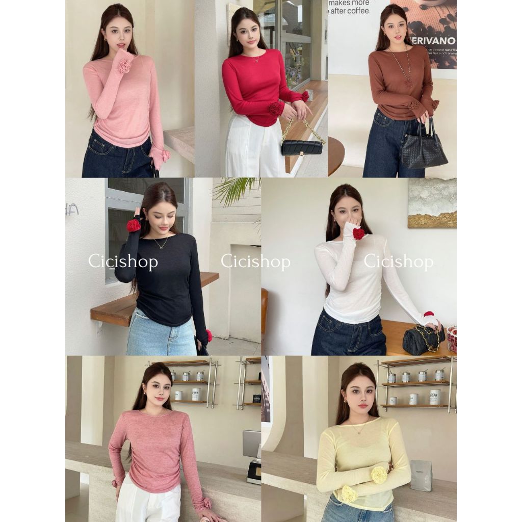 Cicishop(J2699) เสื้อแขนยาวสีพื้น แต่งดอกกุหลาบปลายแขน ดีเทลรูดข้างทรงสวย ผ้ายืดใส่สบาย ลุคลูกคุณหนูเกาหลี