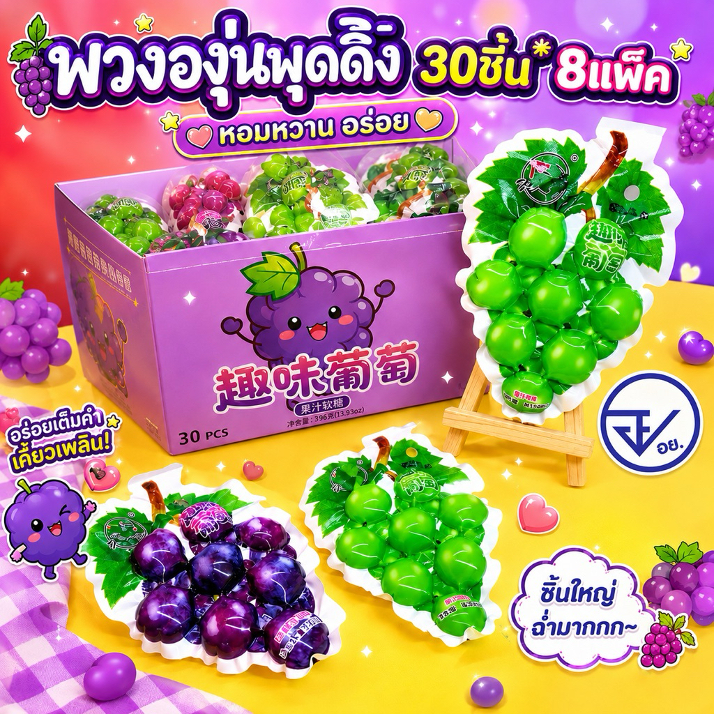 พุดดิ้งกรอบพวงองุ่นเขียวม่วง30ชิ้น อย.ไทย (งดเคลมทุกกรณี) พวงองุ่นพุดดิ้ง พร้อมส่ง