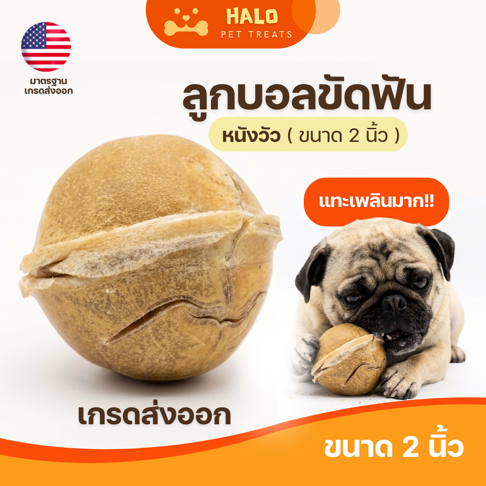 HALO ขนมลูกบอลสำหรับขัดฟัน ขนาด 2 นิ้ว ทำจากหนังวัว ช่วยลดกลิ่นปากและคราบหินปูน