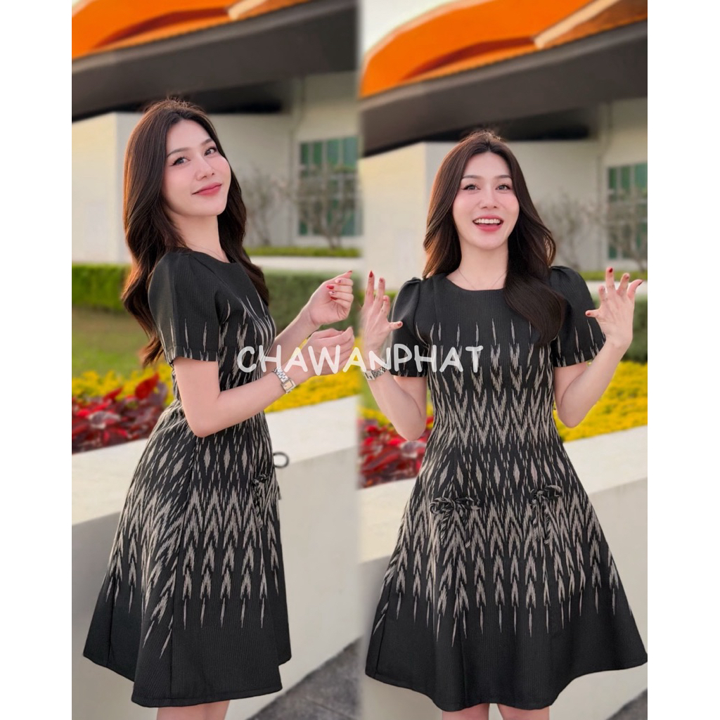 [S-XL] 𝙈𝙈 เดรสผ้าไทย มินิเดรสแต่งโบว์น่ารัก ผ้าฝ้ายทออย่างดี เนื้อทอแน่น สวยมาก