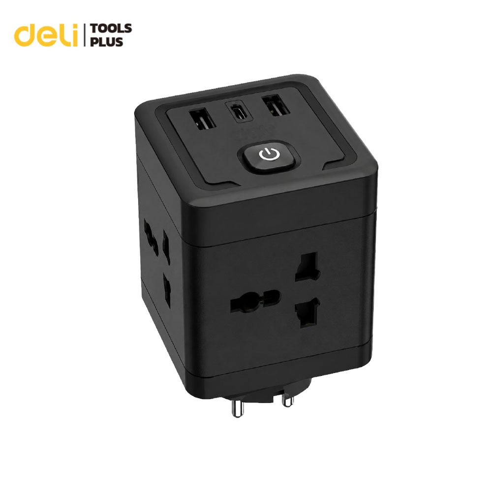 Deli หัวแปลงปลั๊กสากล ปลั๊กสองขากลม อแดปเตอร์ 3in1 หัวชาร์จ USB Type-C ชาร์จเร็ว Socket USB Adapter