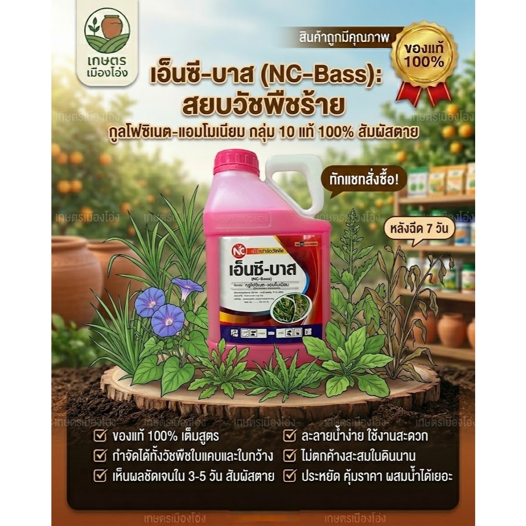 เอ็นซีบาส กลูโฟซิเนตสีชมพู 4 ลิตร กำจัดวัชพืชทั้งใบแคบ และ ใบกว้าง กำจัดวัชพืชได้ทั้งสัมผัสดูดซึม กำจัดวัชพืชปราบยาก