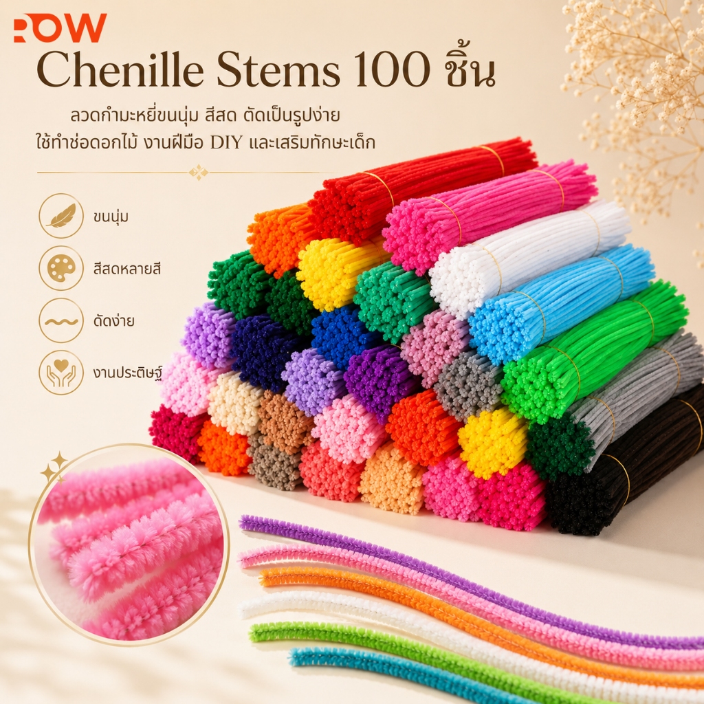 ลวดกำมะหยี่ Pipe Cleaner 100 ชิ้น สีสันสดใส ขนฟูนุ่ม ใช้ทำของเล่นเด็ก งานประดิษฐ์ DIY