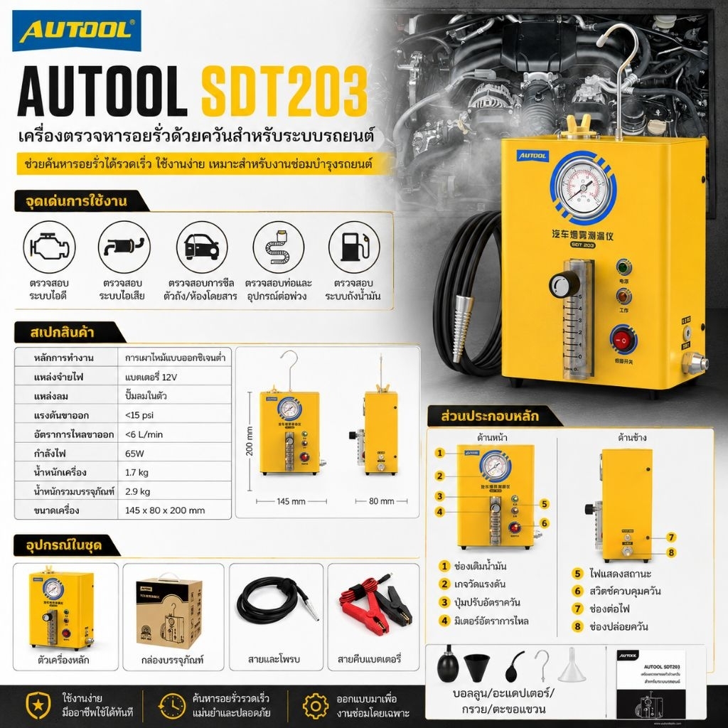 Autool SDT203 เครื่องตรวจจับควันรั่วในรถยนต์ เครื่องมือตรวจจับการรั่วไหล