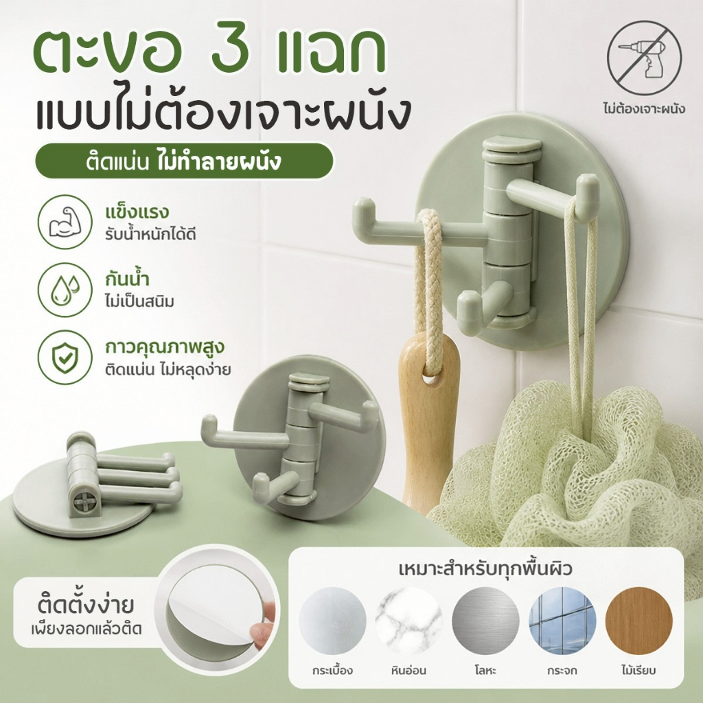ตะขอติดผนัง 3 แฉก แบบกาวในตัว แขวนอุปกรณ์ครัว ผ้าเช็ดตัว ของใช้ในห้องน้ำ ติดตั้งง่าย ไม่ต้องเจาะ