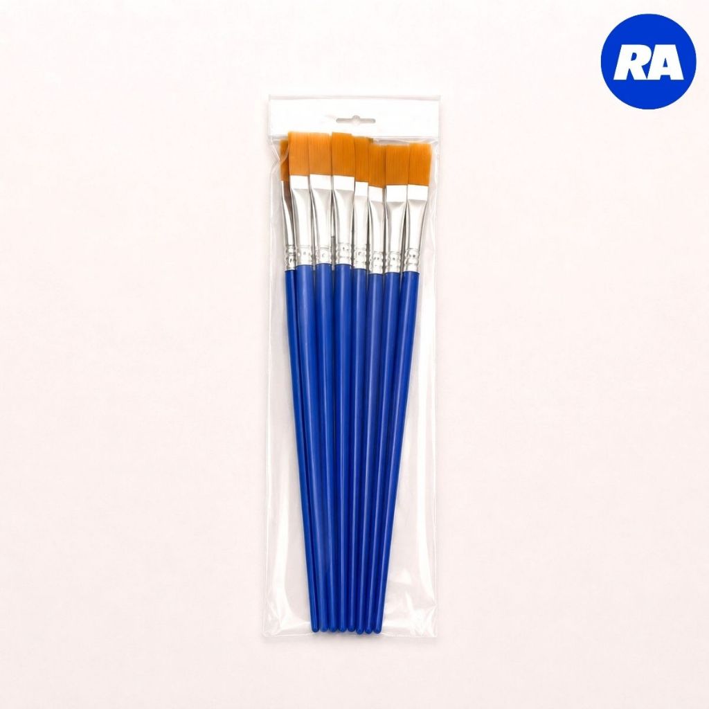 พู่กันระบายสี 10 ด้าม/แพ็ค (หัวกลม/หัวแบน) ด้ามพลาสติกสีน้ำเงิน สำหรับสีอะคริลิค สีน้ำ งานเรซิ่น งานศิลปะ