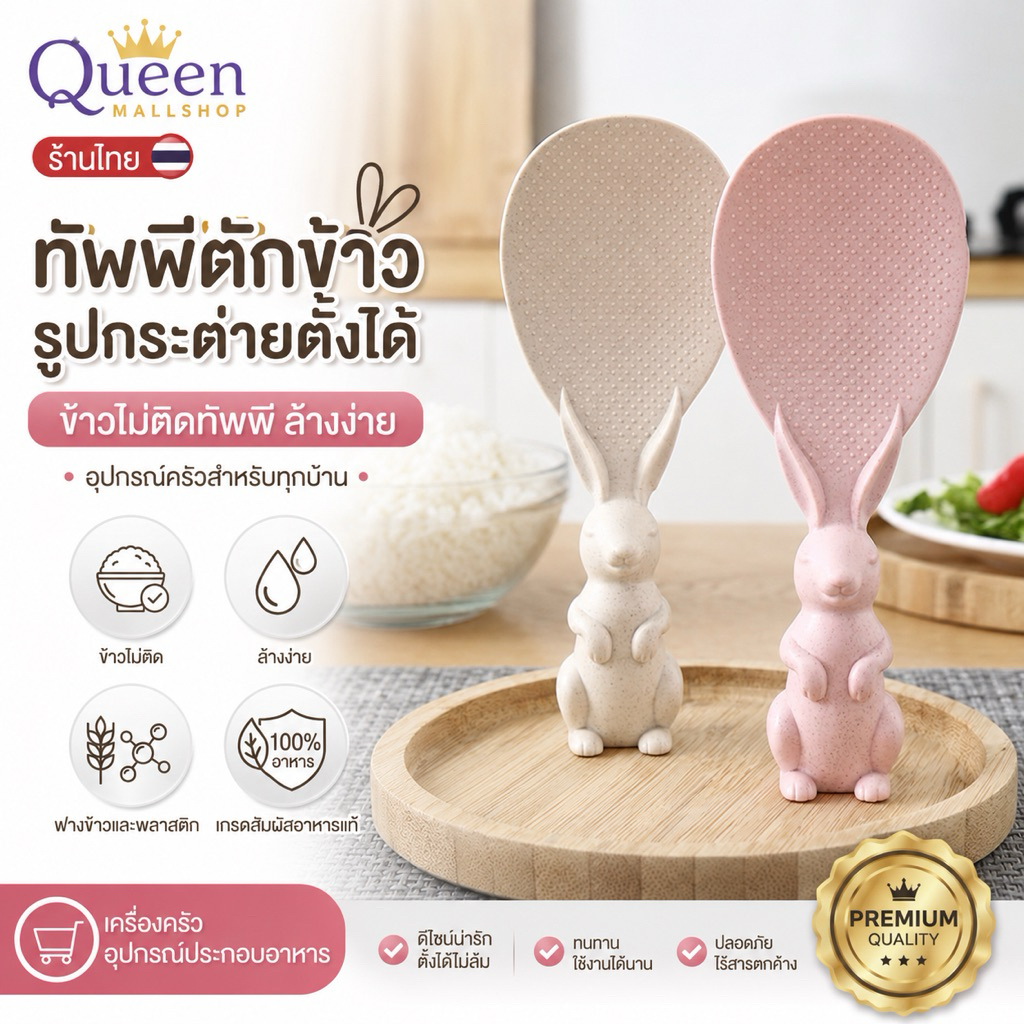 (ร้านไทย) ทัพพีตักข้าวรูปกระต่ายตั้งได้ ข้าวไม่ติดทัพพีล้างง่าย (เครื่องครัวอุปกรณ์ประกอบอาหาร)