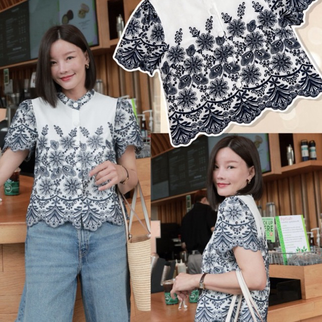[ส่งเร็ว] Password 6367 เสื้อคอจีน ผ้าลูกไม้คอตตอนปักฉลุลายดอกไม้สีน้ำเงินเข้ม