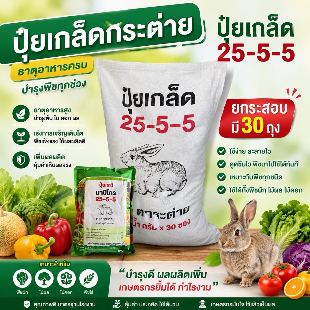 ปุ๋ยเกล็ดตรากระต่าย 25-5-5 1กิโล(ยกกระสอบ มี30ถุง)