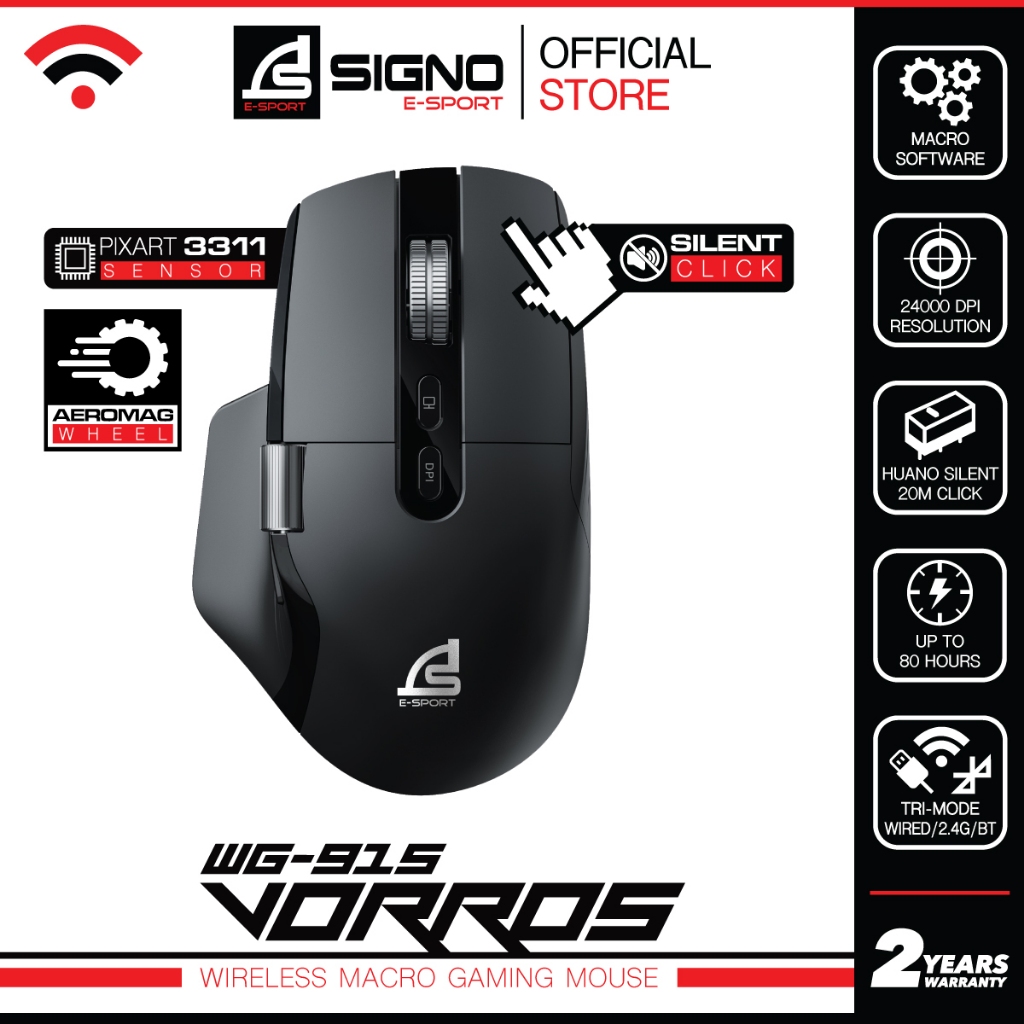 SIGNO WG-915 เมาส์เกมมิ่งไร้สาย Wireless Gaming Mouse มาโคร 24,000 DPI สกอร์ Aeromag คลิ๊กไม่มีเสียง เชื่อมต่อ 3 ระบบ