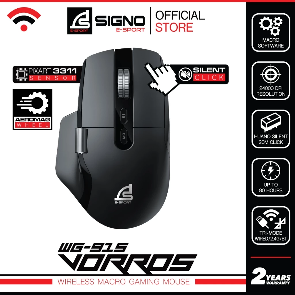 SIGNO WG-915 เมาส์เกมมิ่งไร้สาย Wireless Gaming Mouse มาโคร 24,000 DPI สกอร์ Aeromag คลิ๊กไม่มีเสียง เชื่อมต่อ 3 ระบบ