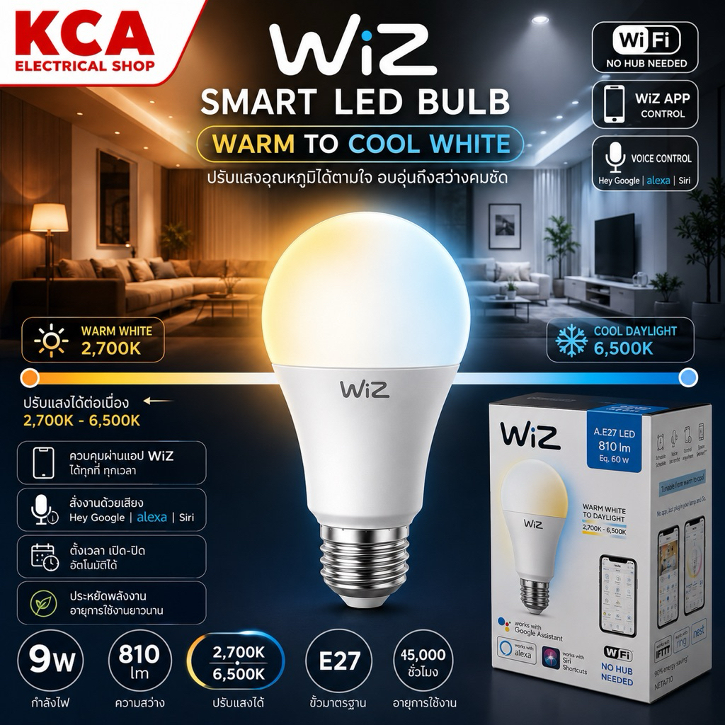 Wiz Wi-Fi Tunable White Bulb 9W A60 หลอดไฟอัจฉริยะ WiFi ปรับแสงขาว-เหลือง วิซ 2700K-6500K ((กล่องมีเก่าบ้าง))