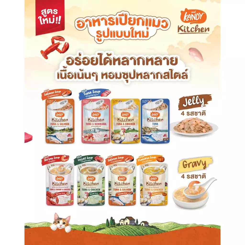 [ยกโหล12ซอง] Kandy Kitchen อาหารเปียกแมว แคนดี้ คิทเช่น เนื้อเน้น ๆ หอมซุป หลากสไตล์ ขนาด 70 g