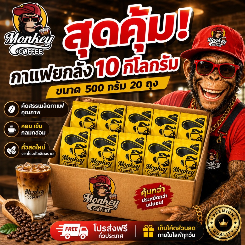 มังกี้ X กลอริล่า ราคาส่งยกลัง  10Kg-New Package  ยกลังค่าขนส่งถูกกว่า เลือกระดับบดในแชท📍📍